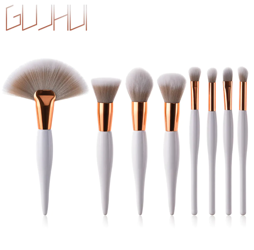 8-Piece Makeup Brush Set with Black Handle and Silver Tubes